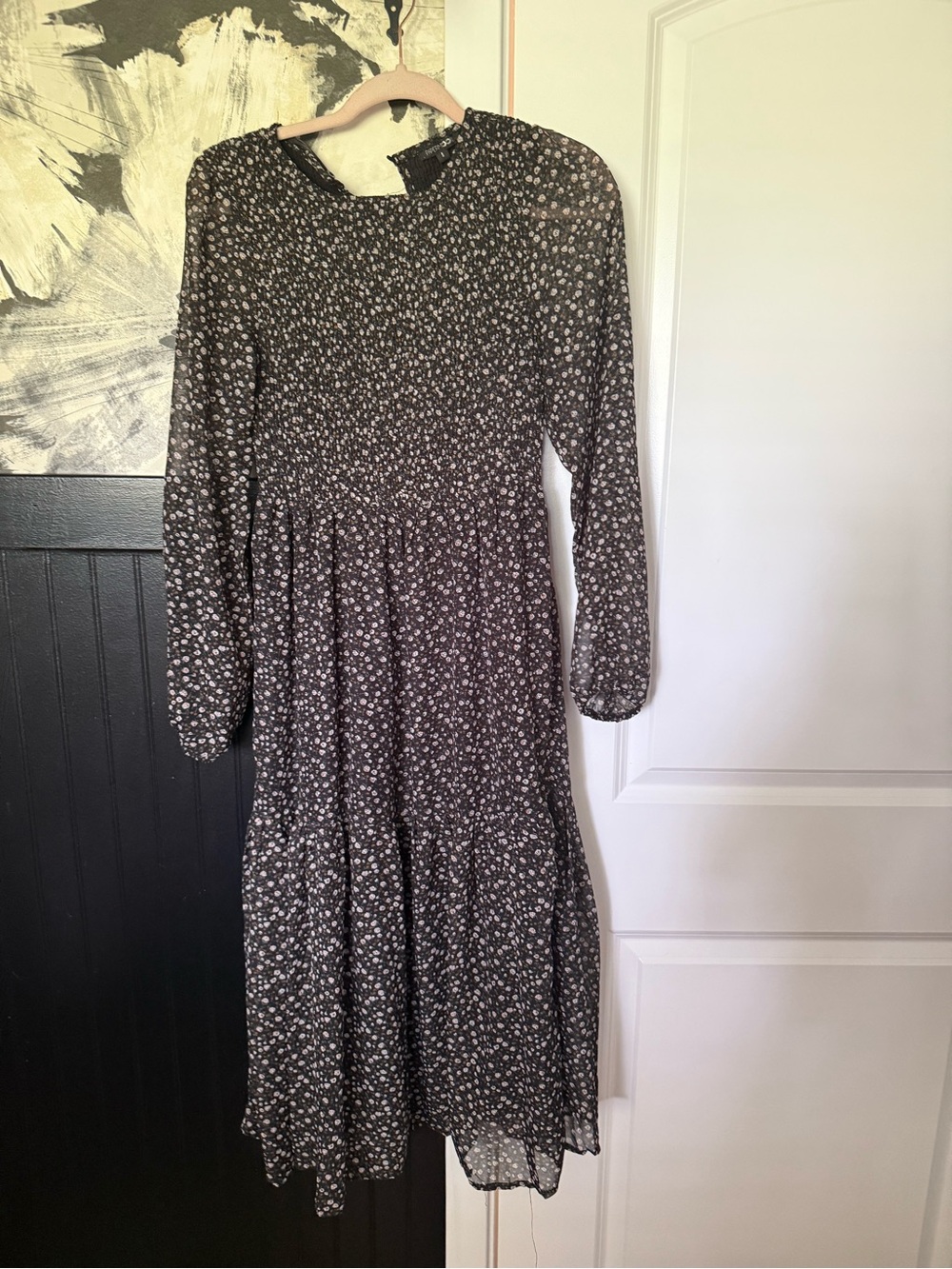 Floral Long-Sleeve Midi Dress - Black/White